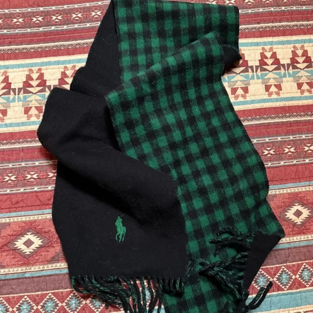 Polo Ralph Lauren Black and Green Plaid Wool Reversible scarf